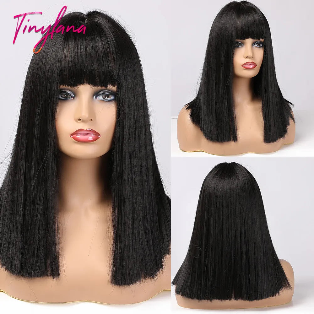 Medium Straight Black Bob Synthetic Wig with Bangs Short Honey Brown Wigs for Woman Auburn Natural Hair Daily Wig Heat Resistant