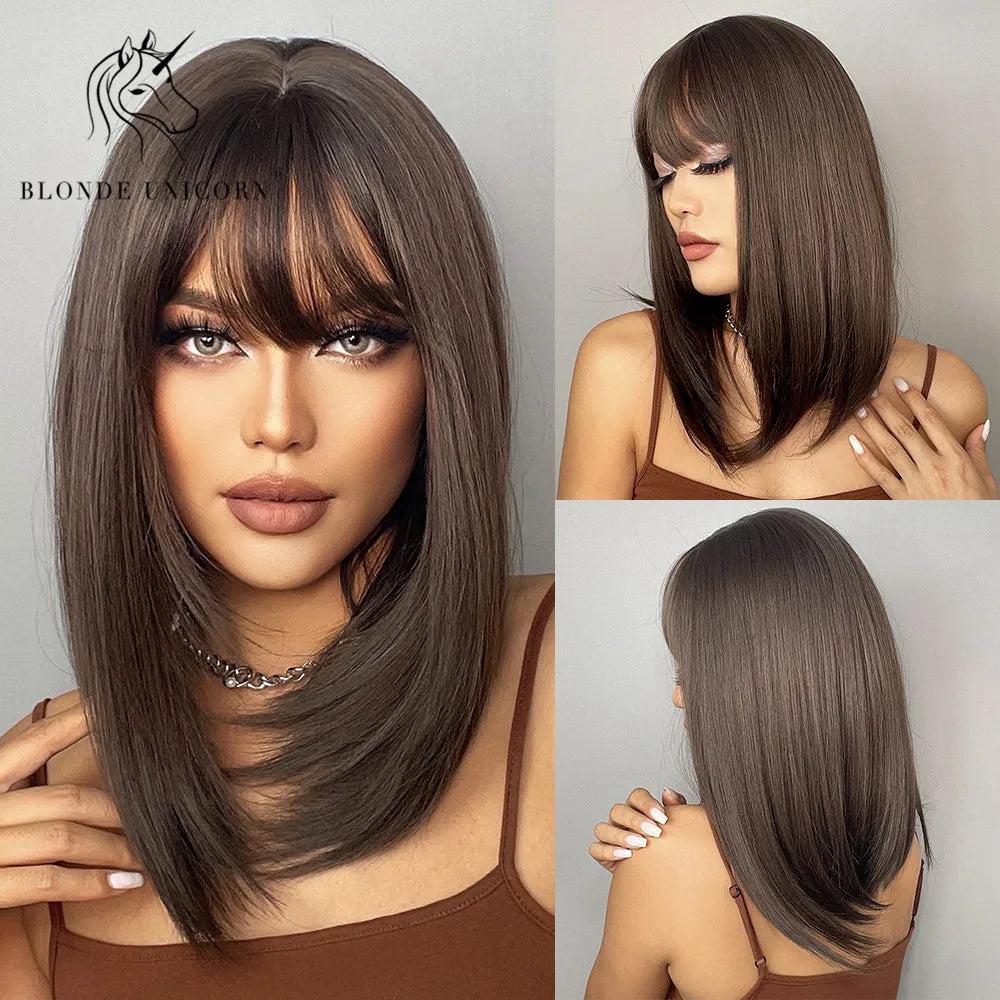 BLONDE UNICORN Synthetic Wig Natural Short Bob Wig Brown Blonde Straight Hair With Bangs Daily Use For Women Heat Resistant