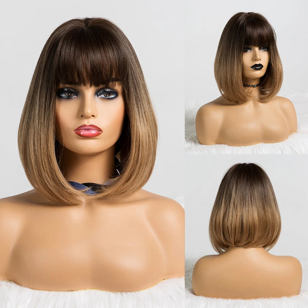 LOUIS FERRE Blonde Short Bob Wigs with Bangs Heat Resistant Synthetic Daily Cosplay Ombre Blonde Hair Wigs for White/Black Women