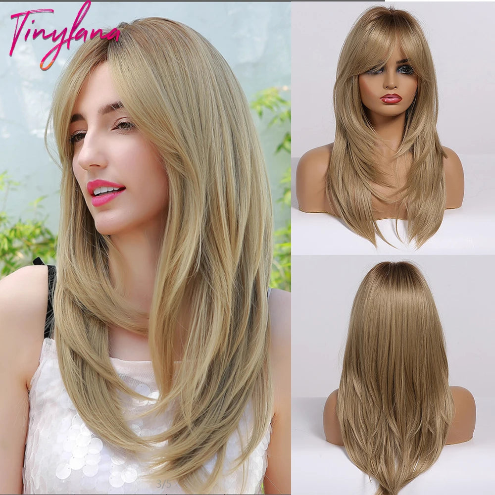 Medium Straight Black Bob Synthetic Wig with Bangs Short Honey Brown Wigs for Woman Auburn Natural Hair Daily Wig Heat Resistant