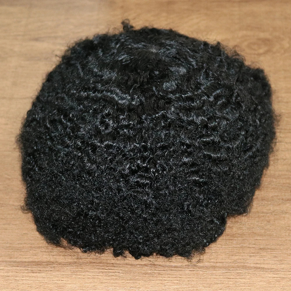 6mm 10mm Afro Wave Full Skin Toupee for Basketbass Players and Fans Brazilian Remy Human Hair Replacement Afro Wave Hair Men Wig