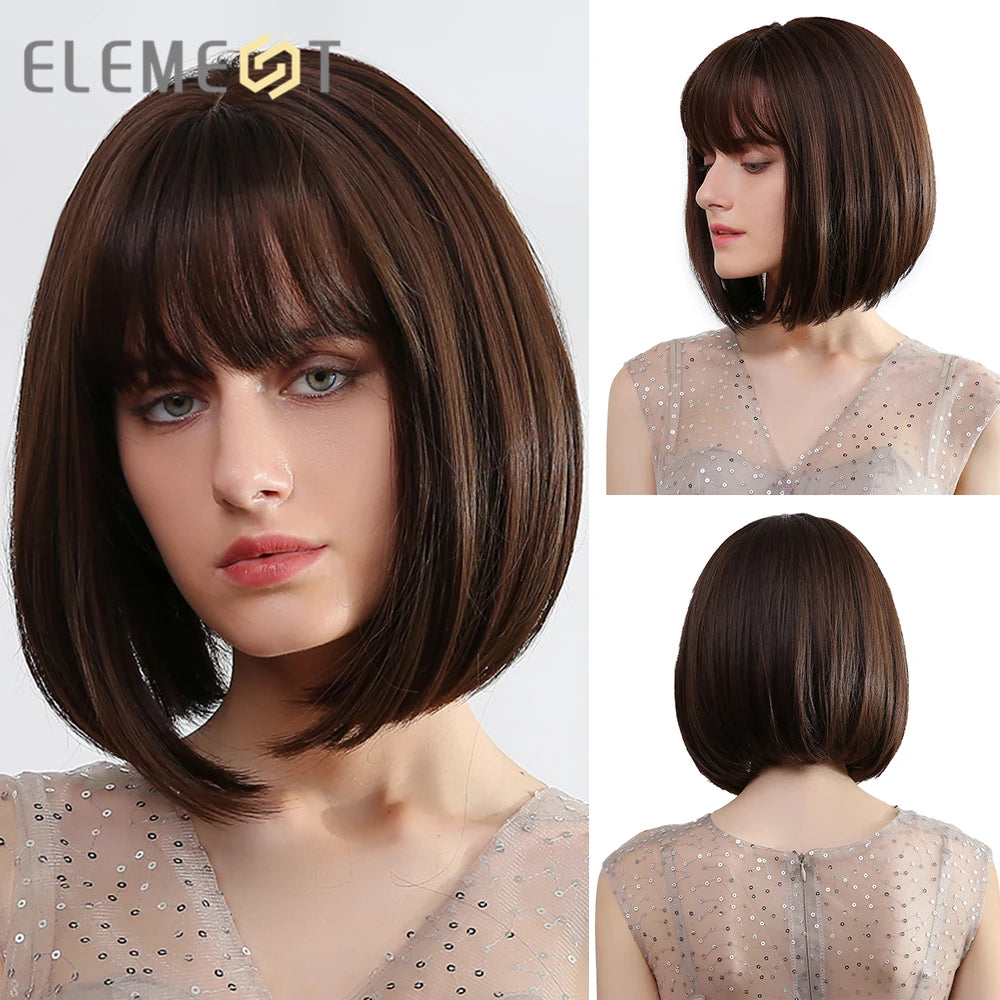 ELEMENT Synthetic Short Straight Wig Black Ombre Blonde Bob Wigs with Bangs for Women Cosplay Party Daily Hair Headband