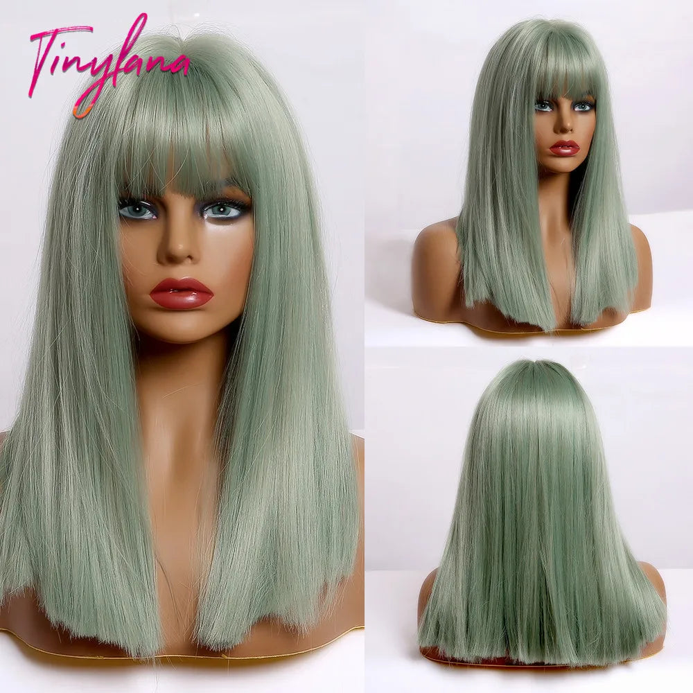 Medium Straight Black Bob Synthetic Wig with Bangs Short Honey Brown Wigs for Woman Auburn Natural Hair Daily Wig Heat Resistant