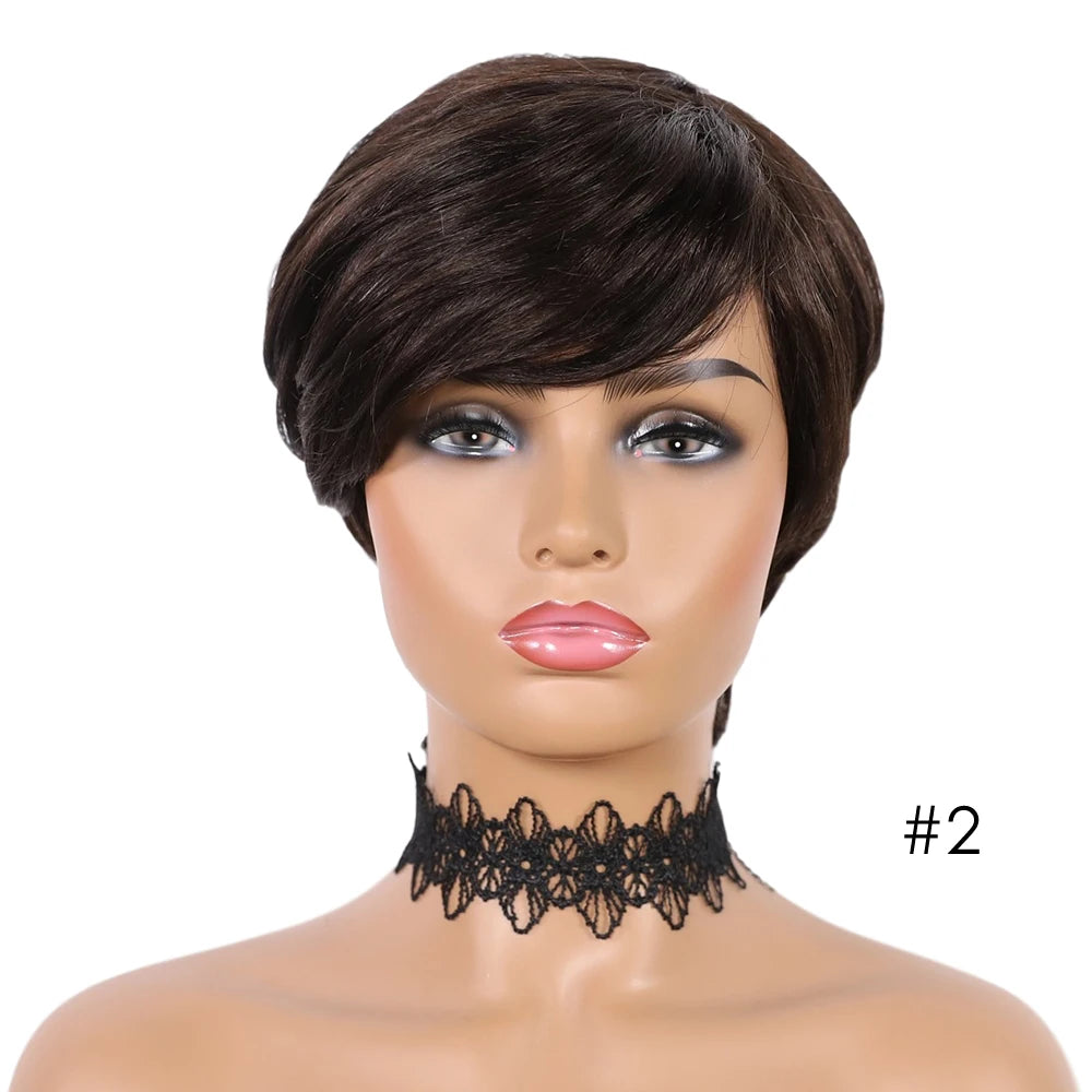 DQ Short Razor Cut Wavy Bob Pixie Wigs Non Lace Front Human Hair Wigs With Bangs For Women Full Machine Made Remy Brazilian