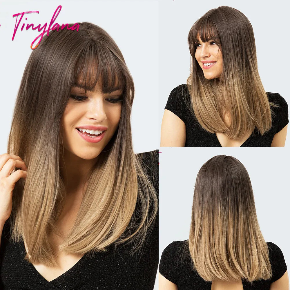 Medium Straight Black Bob Synthetic Wig with Bangs Short Honey Brown Wigs for Woman Auburn Natural Hair Daily Wig Heat Resistant