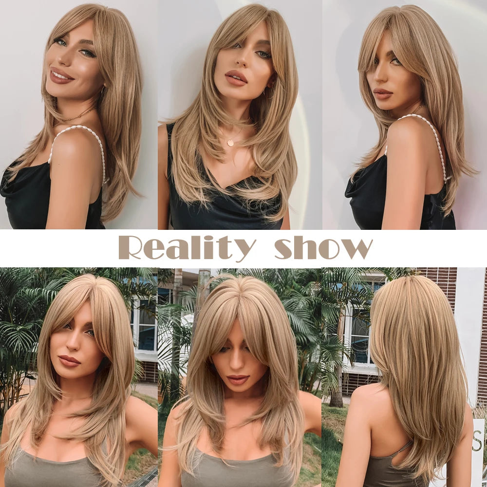 Medium Straight Black Bob Synthetic Wig with Bangs Short Honey Brown Wigs for Woman Auburn Natural Hair Daily Wig Heat Resistant
