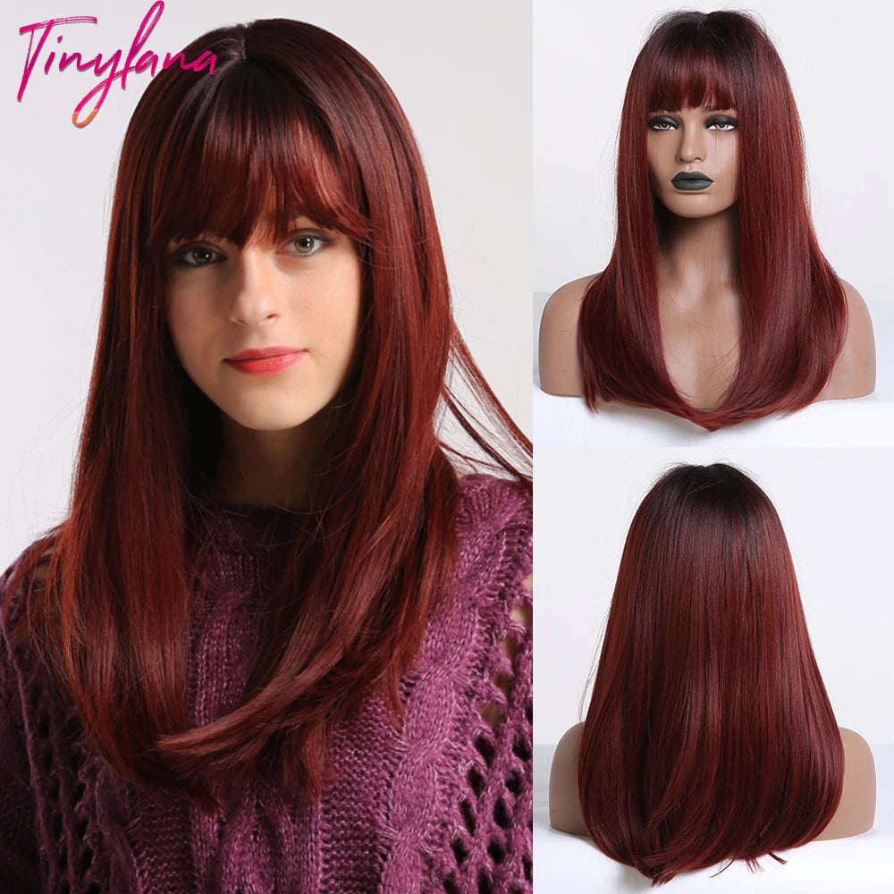 Medium Straight Black Bob Synthetic Wig with Bangs Short Honey Brown Wigs for Woman Auburn Natural Hair Daily Wig Heat Resistant