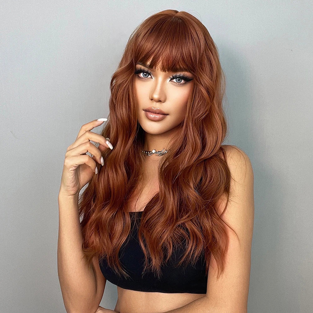 HENRY MARGU Long Wavy Brown Red Orange Wigs with Bangs Cosplay Party Heat Resistant Synthetic Hair Wigs for Black Women Afro