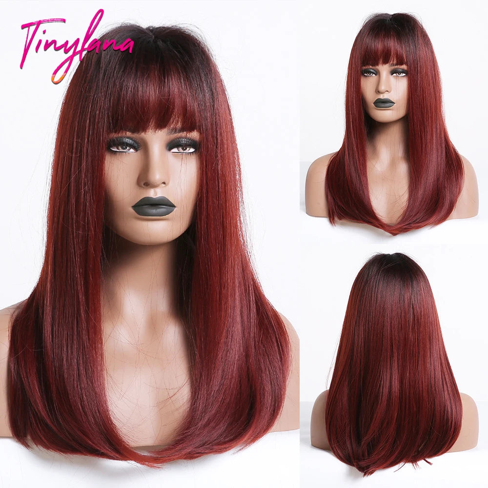 Medium Straight Black Bob Synthetic Wig with Bangs Short Honey Brown Wigs for Woman Auburn Natural Hair Daily Wig Heat Resistant