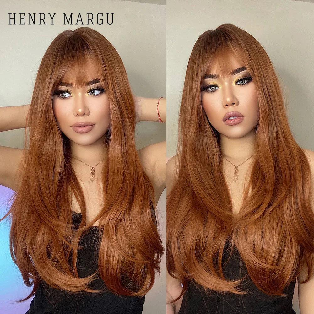 HENRY MARGU Long Straight Synthetic Wigs with Bangs Brown Red Copper Ginger Machine Made Wig for Women Cosplay Heat Resistant