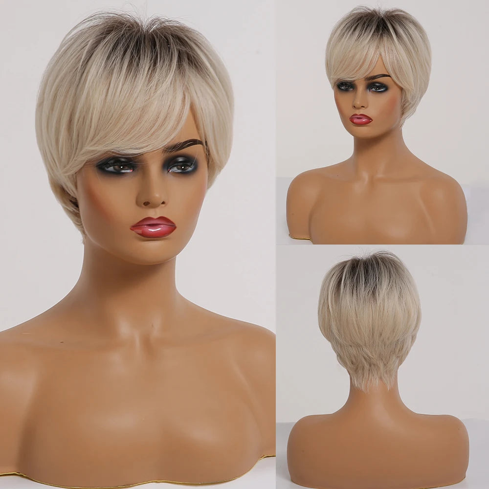 LOUIS FERRE Blonde Short Bob Wigs with Bangs Heat Resistant Synthetic Daily Cosplay Ombre Blonde Hair Wigs for White/Black Women