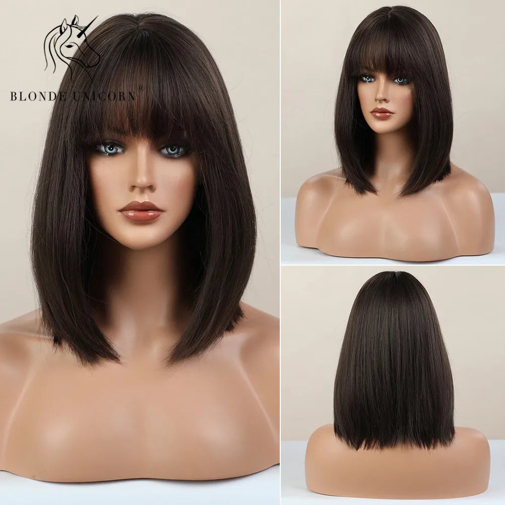 BLONDE UNICORN Synthetic Wig Natural Short Bob Wig Brown Blonde Straight Hair With Bangs Daily Use For Women Heat Resistant