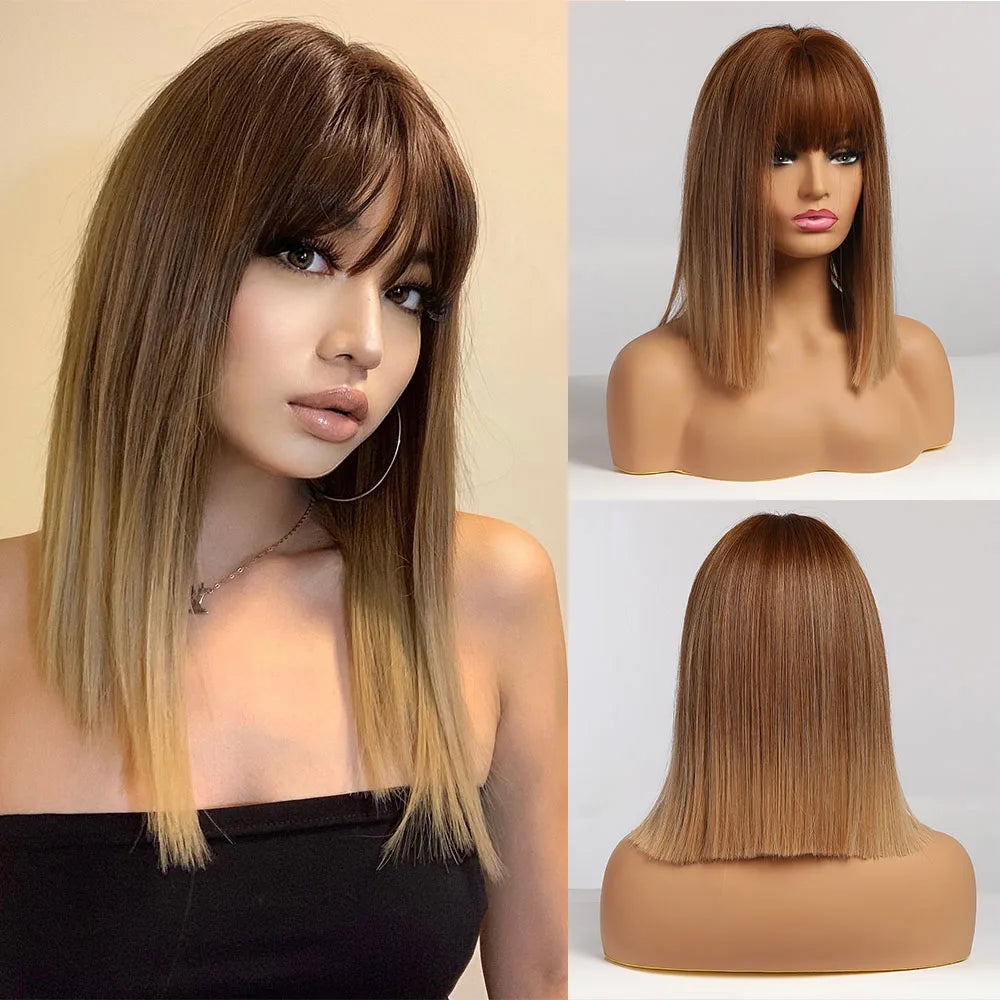 Medium Straight Black Bob Synthetic Wig with Bangs Short Honey Brown Wigs for Woman Auburn Natural Hair Daily Wig Heat Resistant