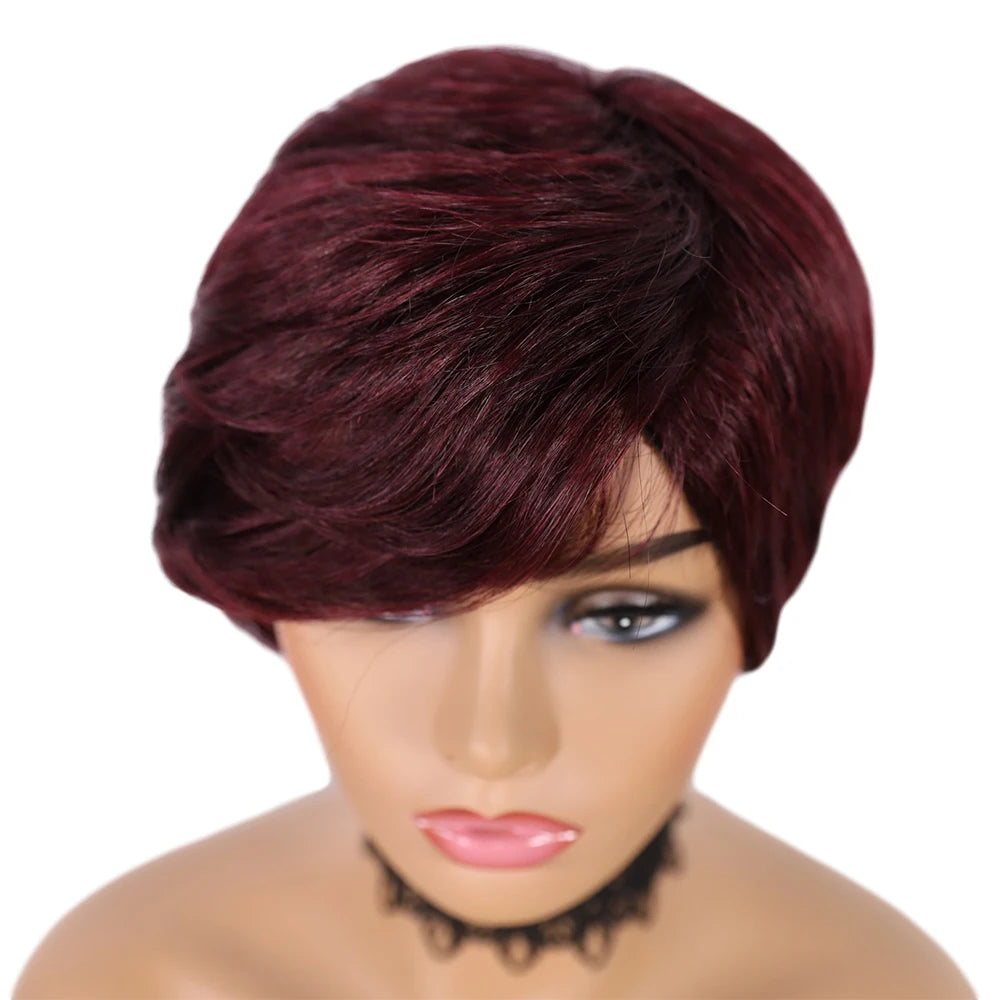 DQ Short Razor Cut Wavy Bob Pixie Wigs Non Lace Front Human Hair Wigs With Bangs For Women Full Machine Made Remy Brazilian