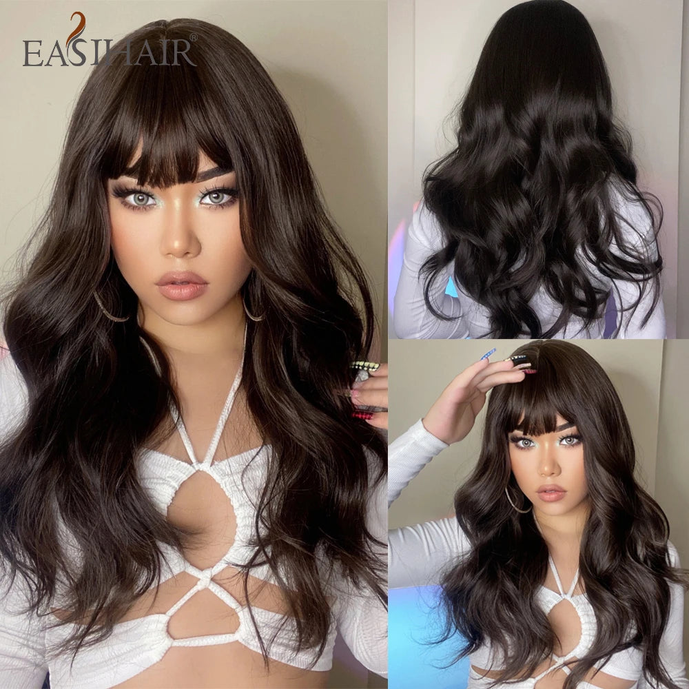 EASIHAIR Ash Blonde Wavy Cosplay Wigs with Bangs Natural Long Synthetic Hairs for Women Lolita Party Heat Resistant Fibers Wig