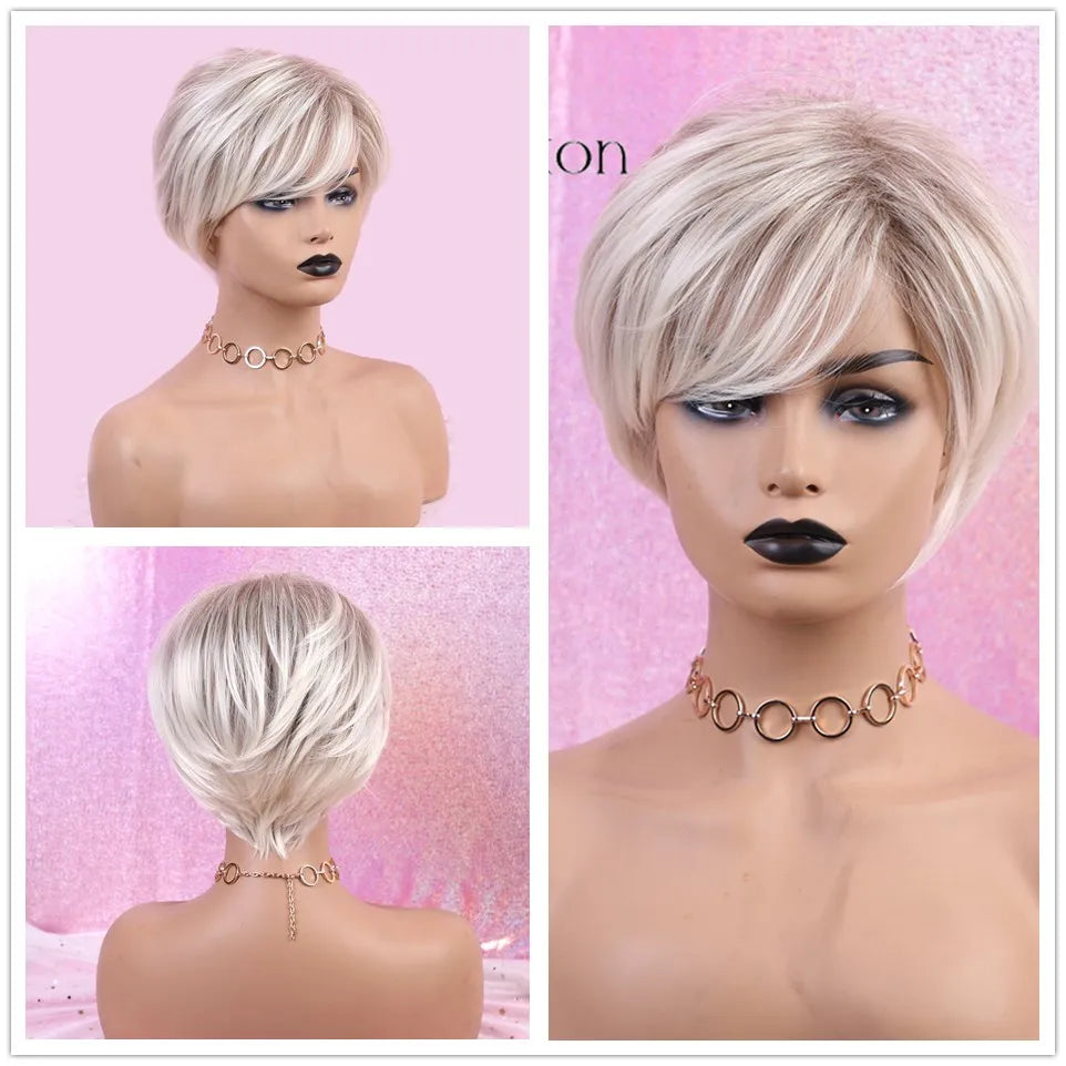 ALAN EATON Short Straight Ombre Brown Blonde Bob Wig With Bangs Synthetic Hair Wig for Women Cosplay Lolita Heat Resistant Fiber