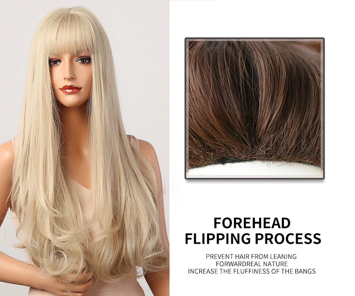 HENRY MARGU Long Natural Wavy Platinum Blonde Wigs with Bangs Cosplay Party Lolita Synthetic Wigs for Women Heat Resistant Fiber