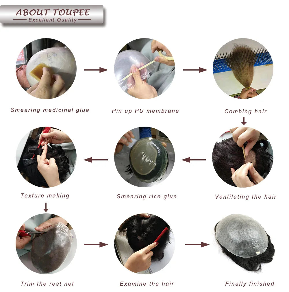 Dark Brown Men Toupee 80% Natural Hairline 0.02mm Invisible Super Thin Skin PU Black Grey Blonde Human Hair Hairpieces Prosthesi