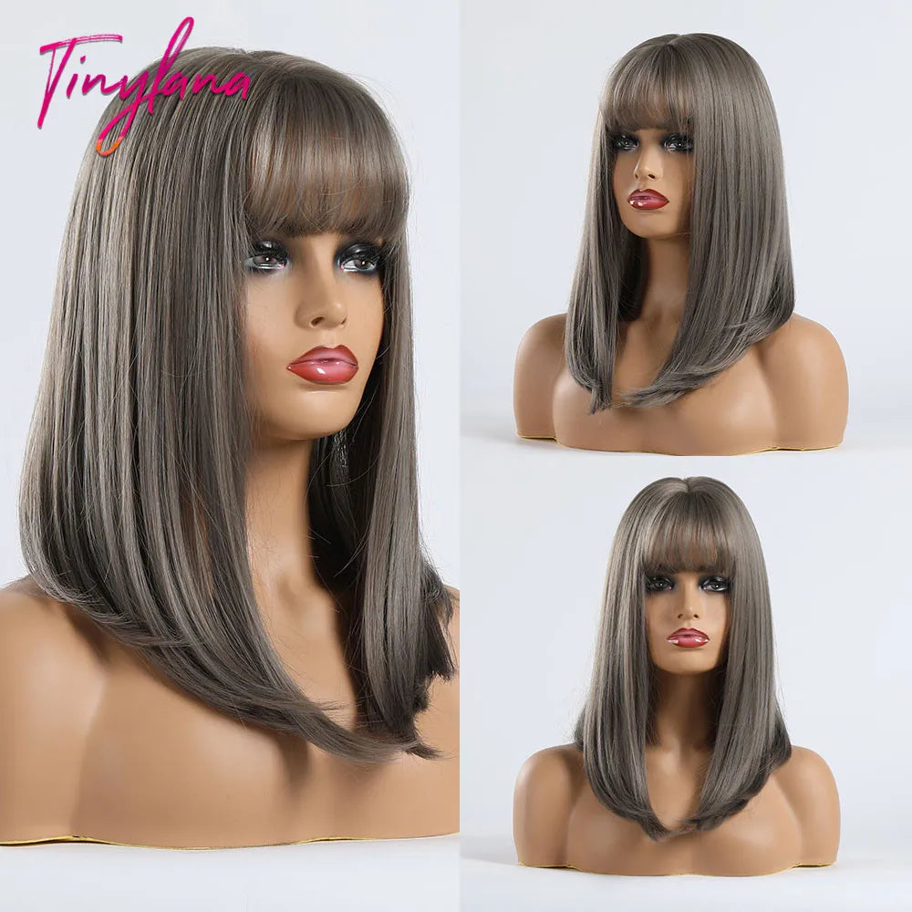 Medium Straight Black Bob Synthetic Wig with Bangs Short Honey Brown Wigs for Woman Auburn Natural Hair Daily Wig Heat Resistant