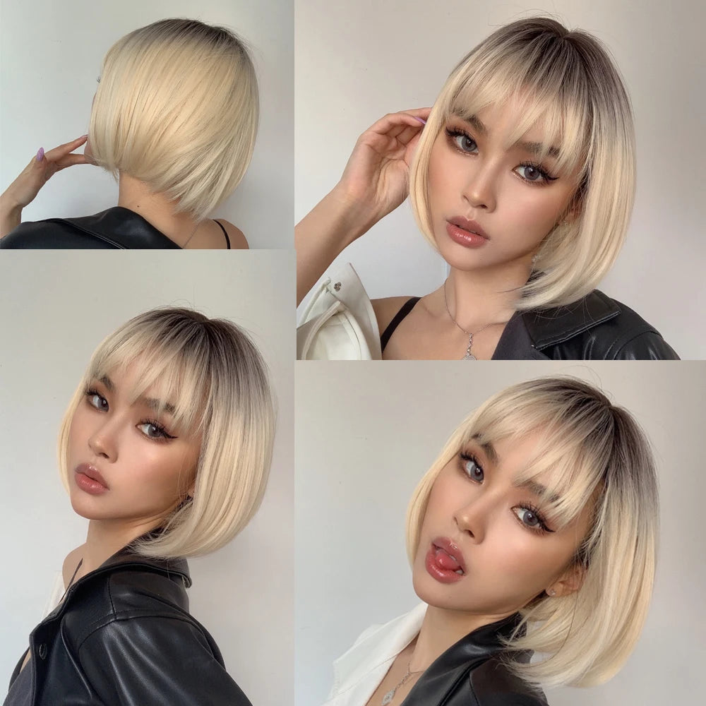 ALAN EATON Short Straight Ombre Brown Blonde Bob Wig With Bangs Synthetic Hair Wig for Women Cosplay Lolita Heat Resistant Fiber