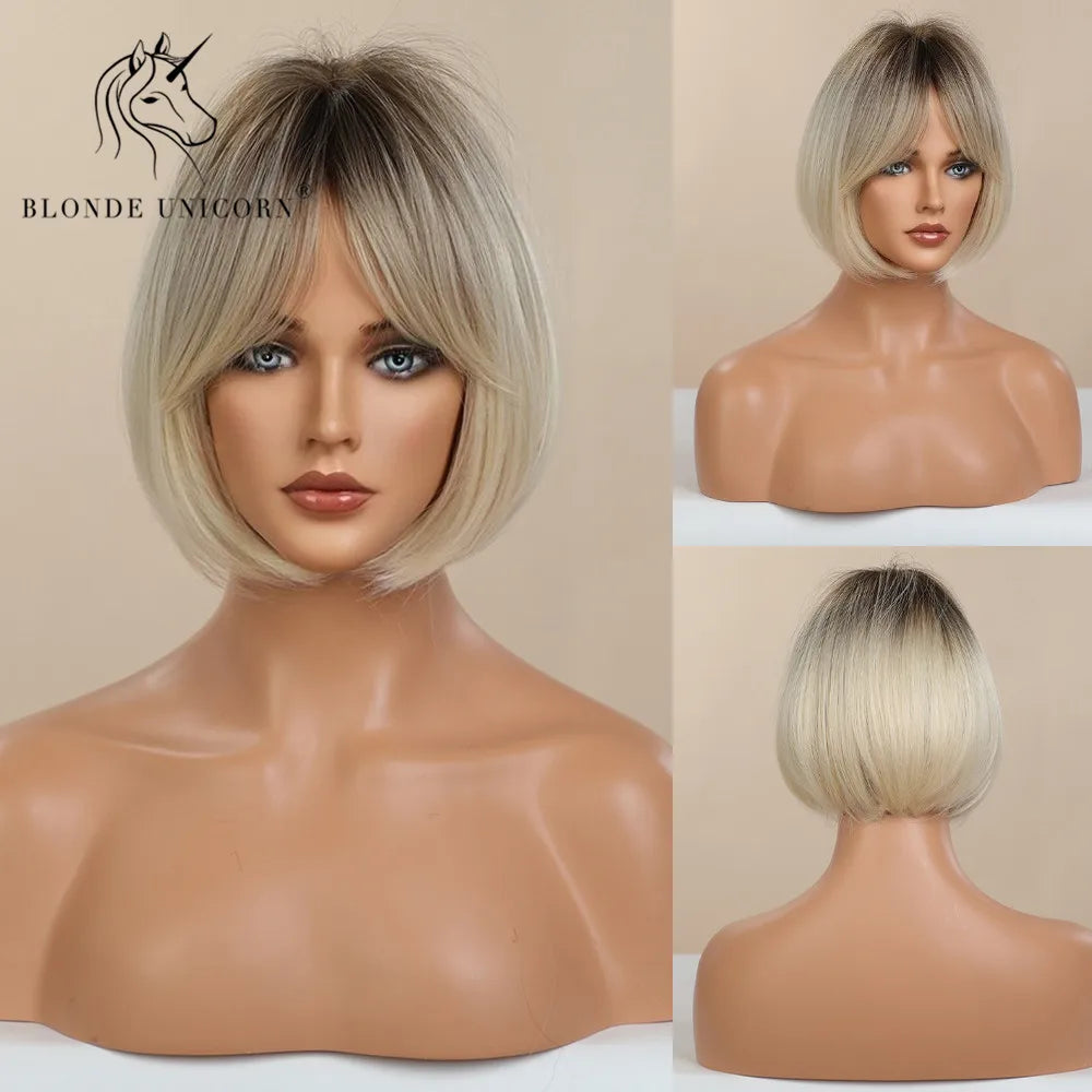 BLONDE UNICORN Synthetic Wig Natural Short Bob Wig Brown Blonde Straight Hair With Bangs Daily Use For Women Heat Resistant
