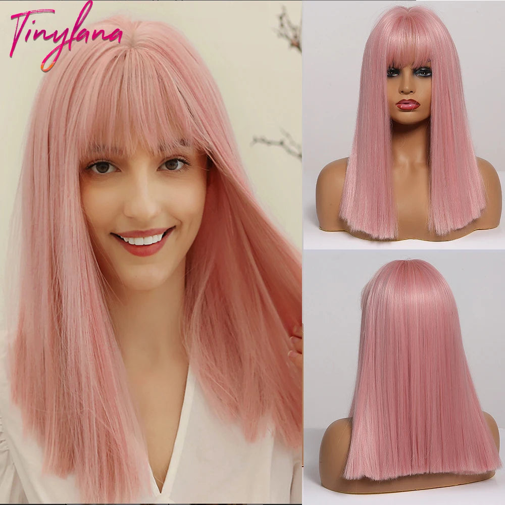 Medium Straight Black Bob Synthetic Wig with Bangs Short Honey Brown Wigs for Woman Auburn Natural Hair Daily Wig Heat Resistant