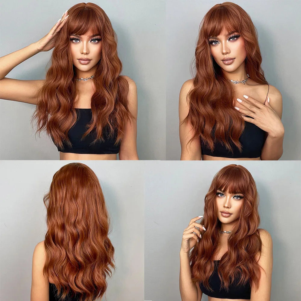 HENRY MARGU Long Wavy Brown Red Orange Wigs with Bangs Cosplay Party Heat Resistant Synthetic Hair Wigs for Black Women Afro