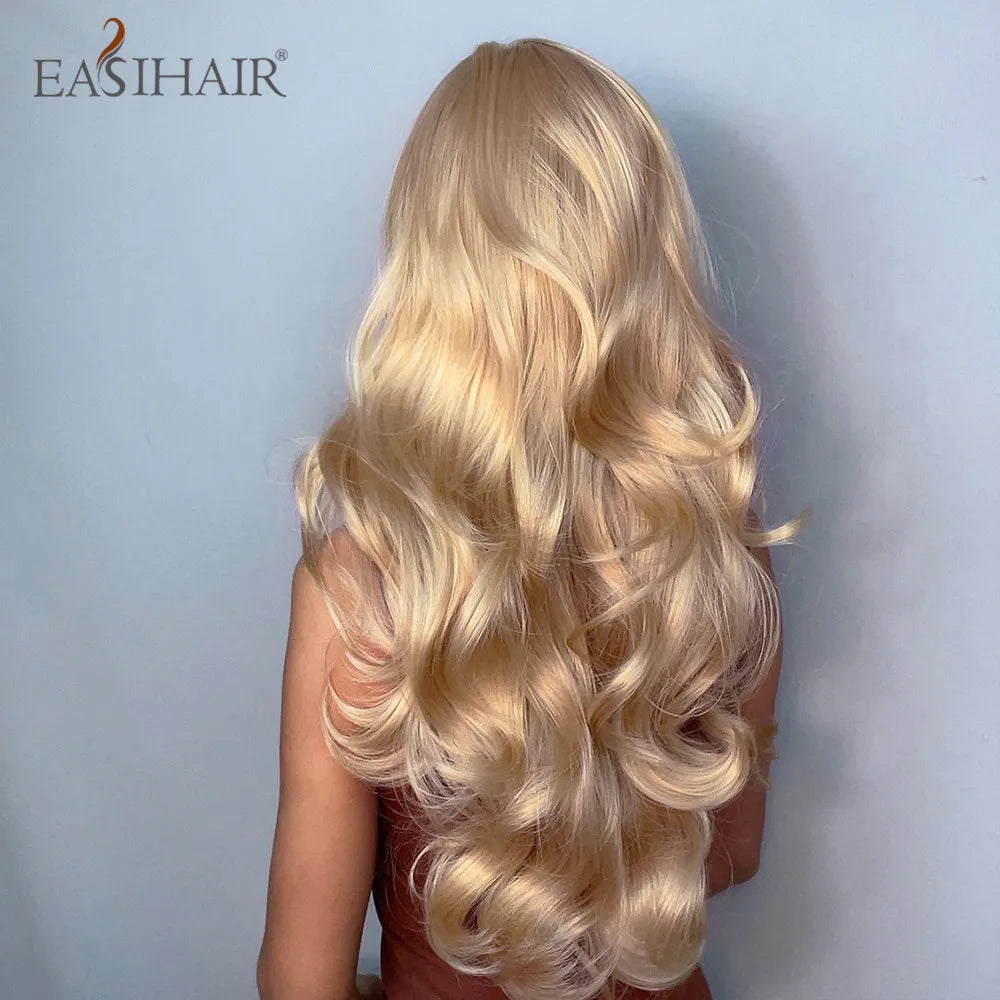 EASIHAIR Ash Blonde Wavy Cosplay Wigs with Bangs Natural Long Synthetic Hairs for Women Lolita Party Heat Resistant Fibers Wig