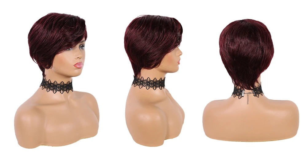 DQ Short Razor Cut Wavy Bob Pixie Wigs Non Lace Front Human Hair Wigs With Bangs For Women Full Machine Made Remy Brazilian