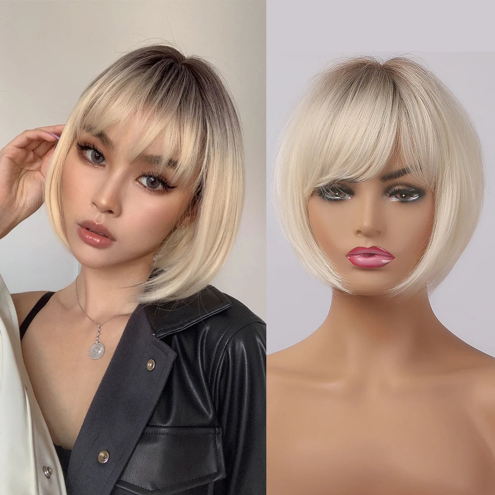 LOUIS FERRE Blonde Short Bob Wigs with Bangs Heat Resistant Synthetic Daily Cosplay Ombre Blonde Hair Wigs for White/Black Women