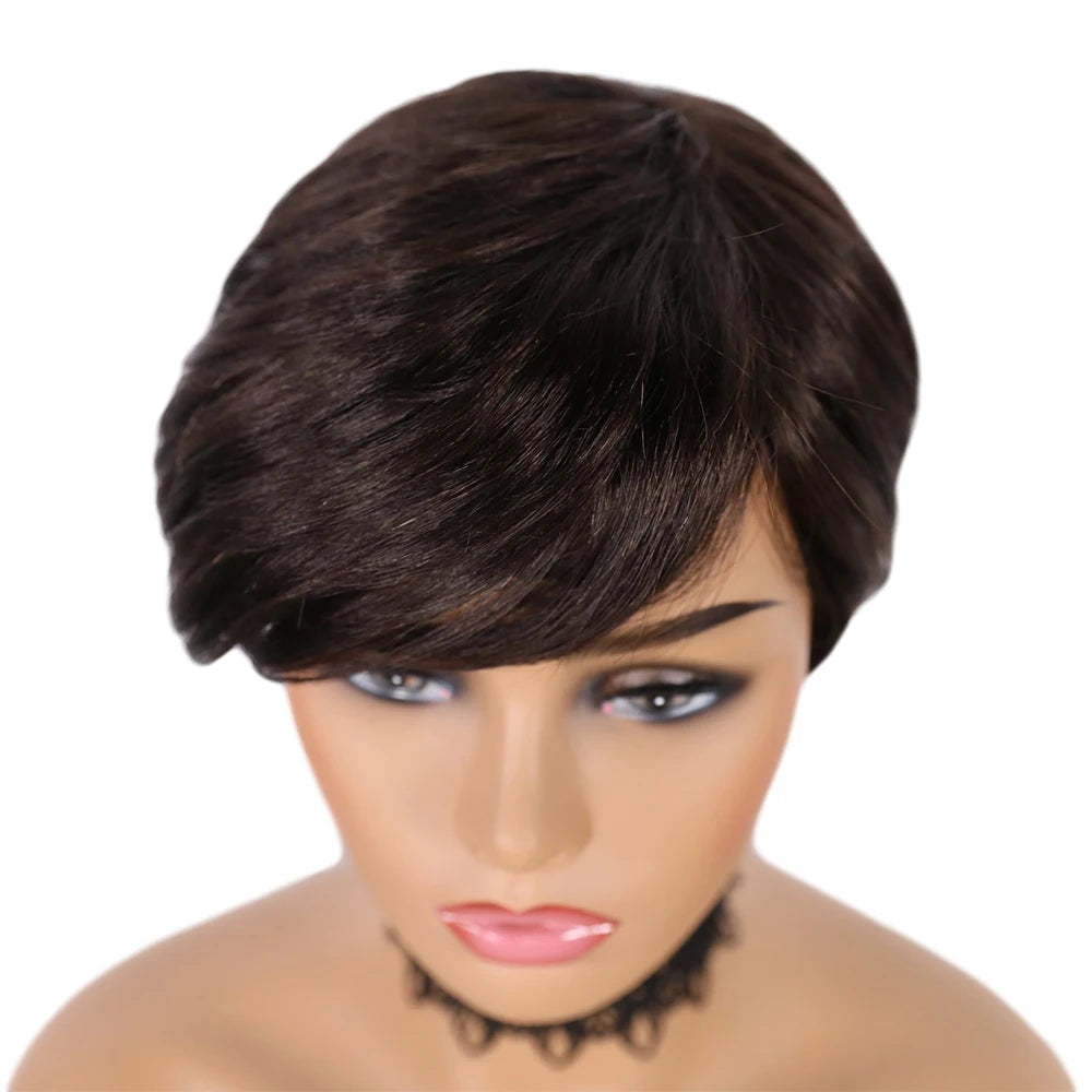 DQ Short Razor Cut Wavy Bob Pixie Wigs Non Lace Front Human Hair Wigs With Bangs For Women Full Machine Made Remy Brazilian