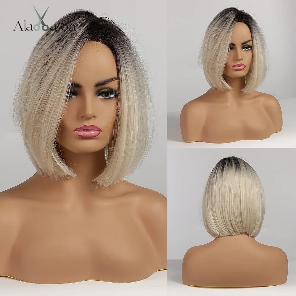 ALAN EATON Platinum Blonde Synthetic Wigs for Women Hihlight Short Straight Bob Wig with Bangs Daily/Party Hair Heat Resisitant