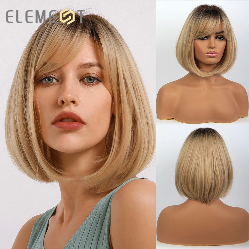 ELEMENT Synthetic Short Straight Wig Black Ombre Blonde Bob Wigs with Bangs for Women Cosplay Party Daily Hair Headband