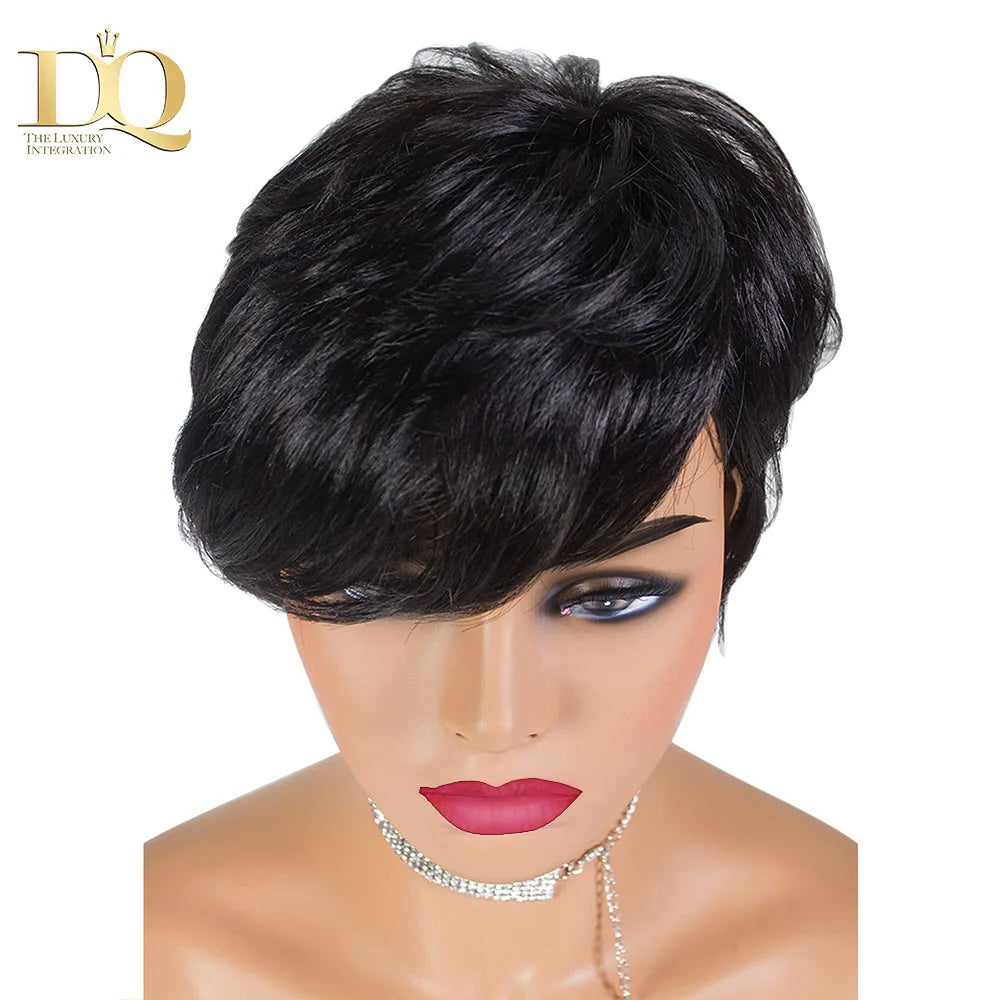 DQ Short Razor Cut Wavy Bob Pixie Wigs Non Lace Front Human Hair Wigs With Bangs For Women Full Machine Made Remy Brazilian