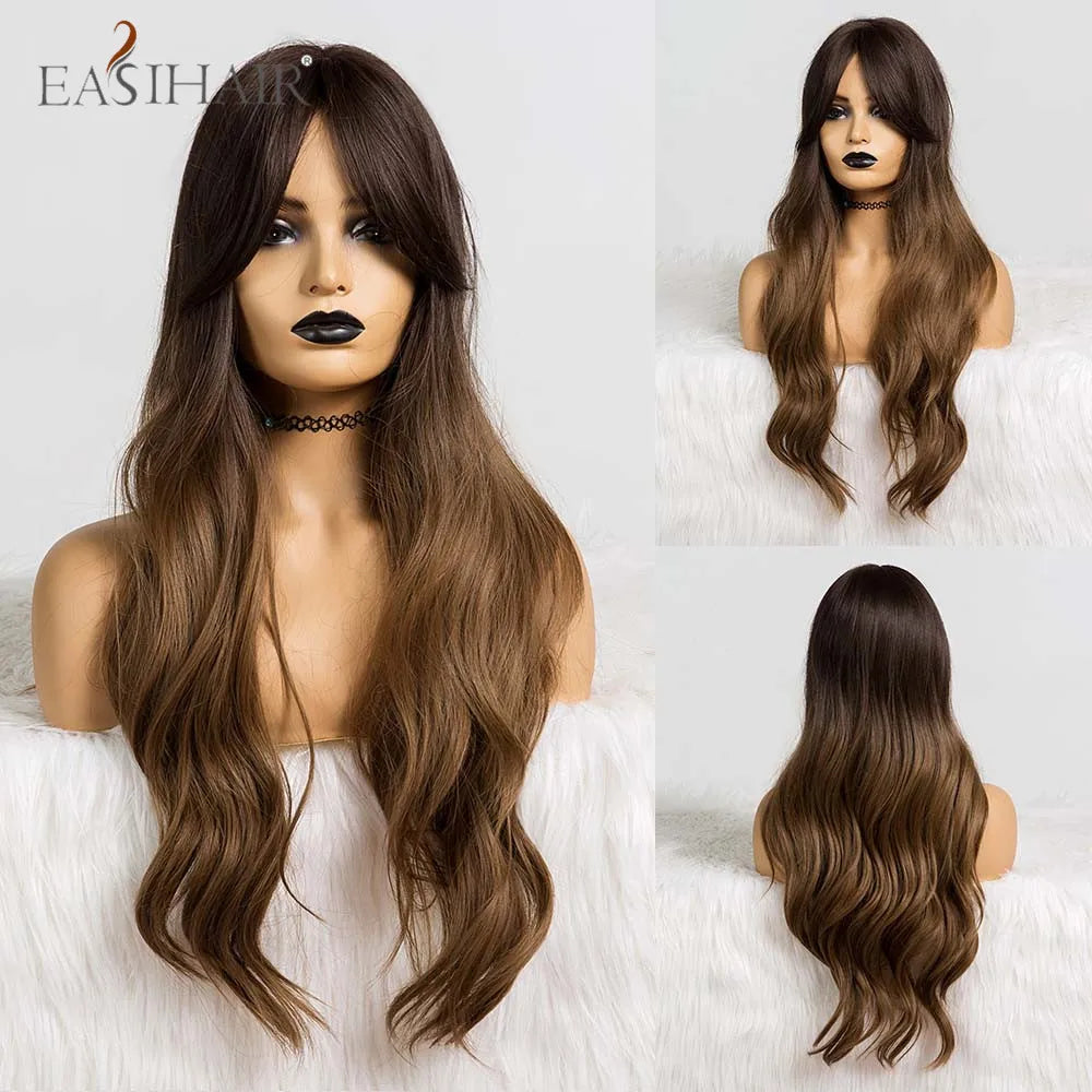 EASIHAIR Ash Blonde Wavy Cosplay Wigs with Bangs Natural Long Synthetic Hairs for Women Lolita Party Heat Resistant Fibers Wig
