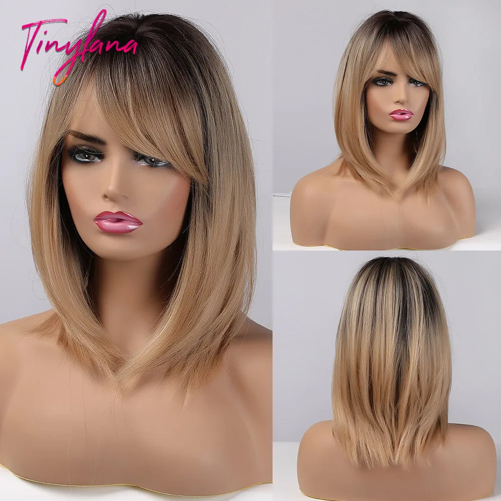 Medium Straight Black Bob Synthetic Wig with Bangs Short Honey Brown Wigs for Woman Auburn Natural Hair Daily Wig Heat Resistant