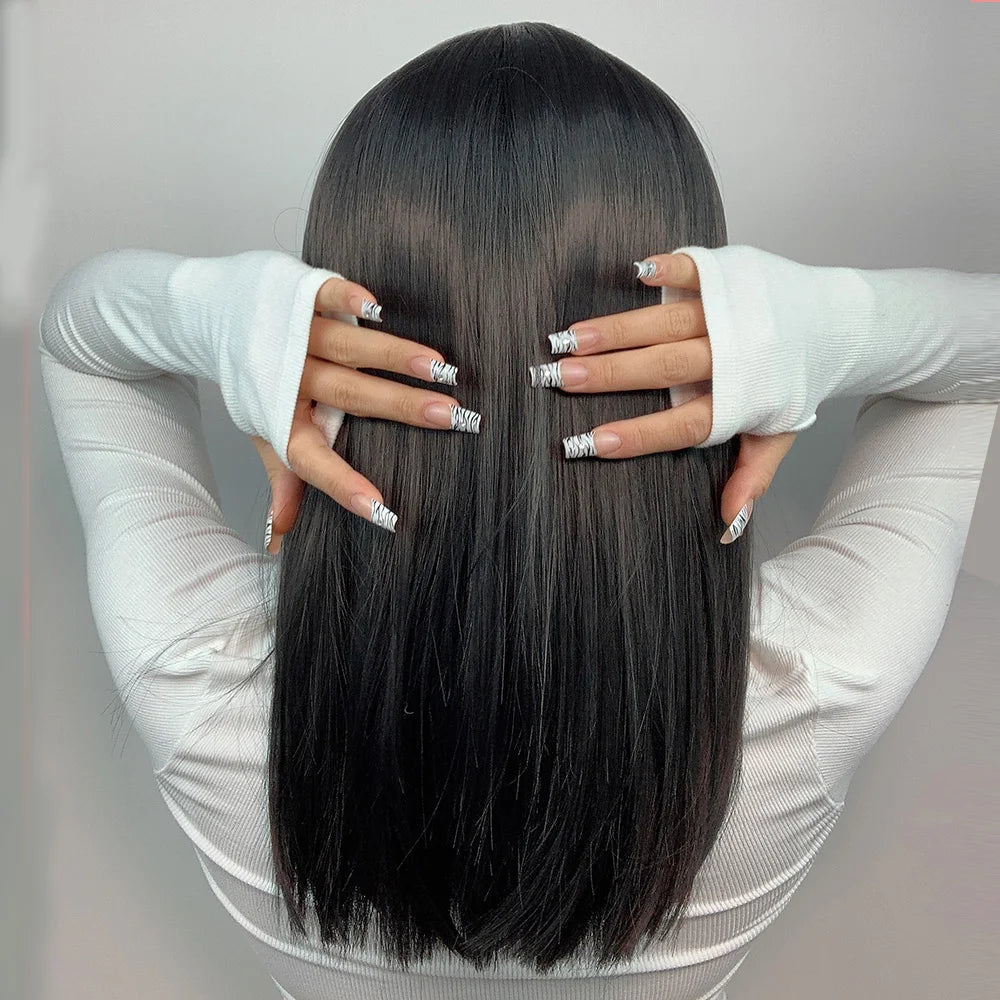 Medium Straight Black Bob Synthetic Wig with Bangs Short Honey Brown Wigs for Woman Auburn Natural Hair Daily Wig Heat Resistant