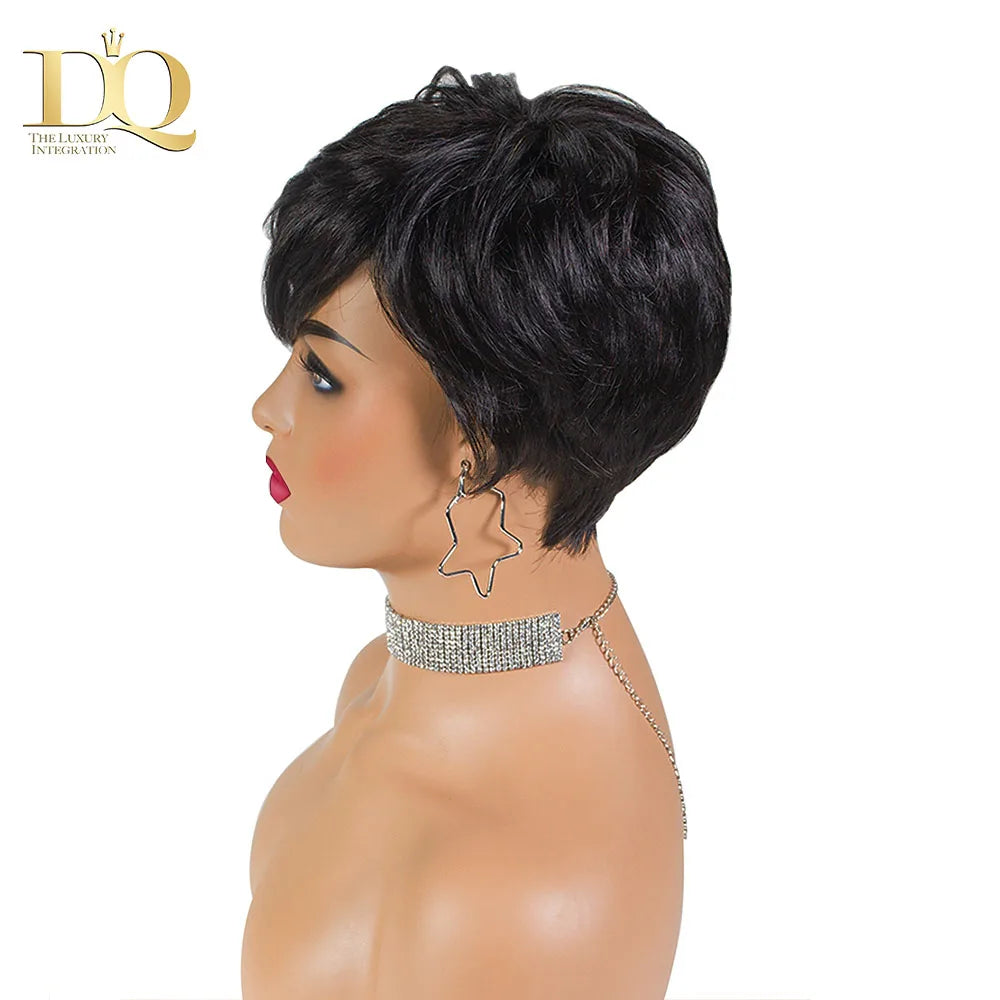DQ Short Razor Cut Wavy Bob Pixie Wigs Non Lace Front Human Hair Wigs With Bangs For Women Full Machine Made Remy Brazilian