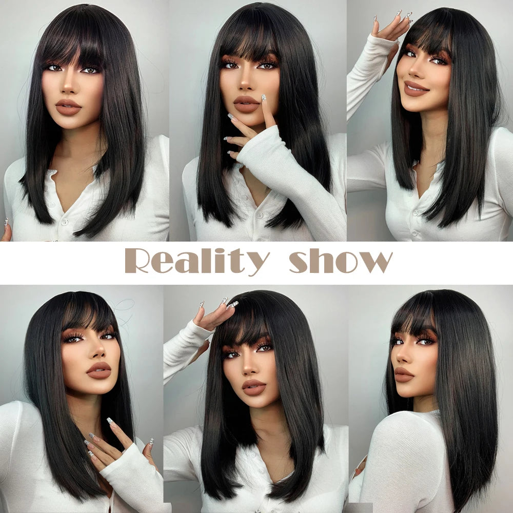 Medium Straight Black Bob Synthetic Wig with Bangs Short Honey Brown Wigs for Woman Auburn Natural Hair Daily Wig Heat Resistant
