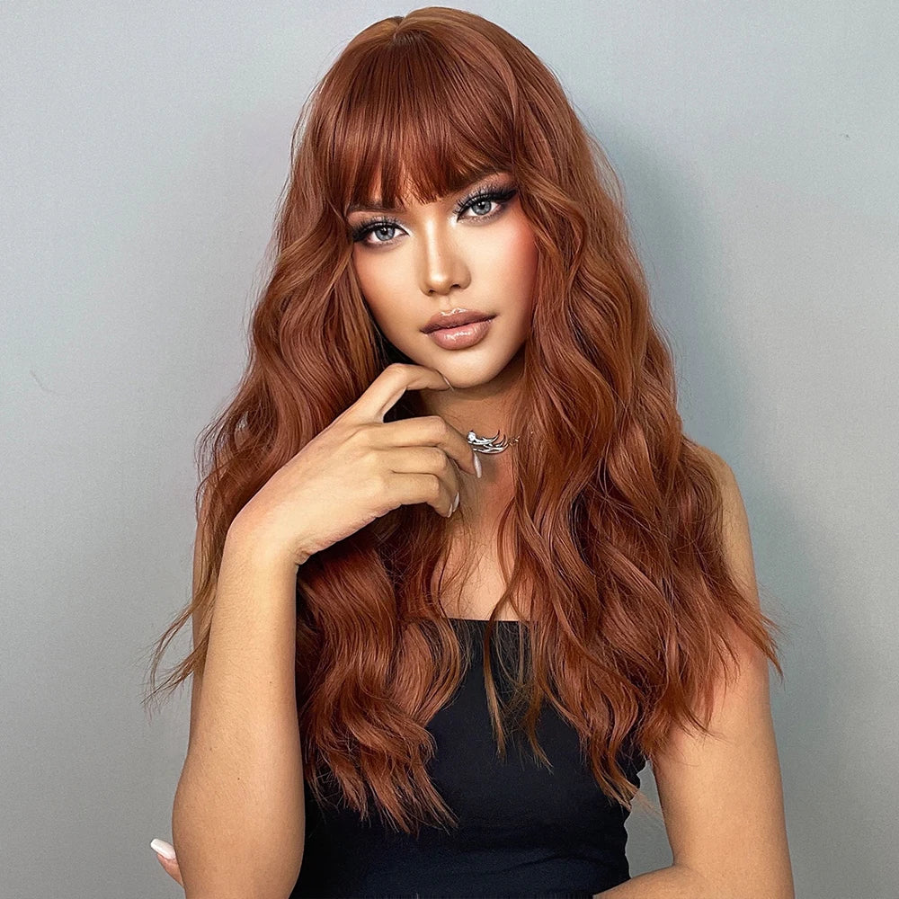 HENRY MARGU Long Wavy Brown Red Orange Wigs with Bangs Cosplay Party Heat Resistant Synthetic Hair Wigs for Black Women Afro