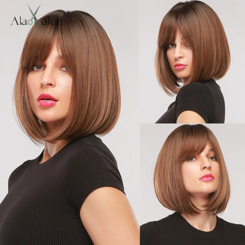 ALAN EATON Platinum Blonde Synthetic Wigs for Women Hihlight Short Straight Bob Wig with Bangs Daily/Party Hair Heat Resisitant