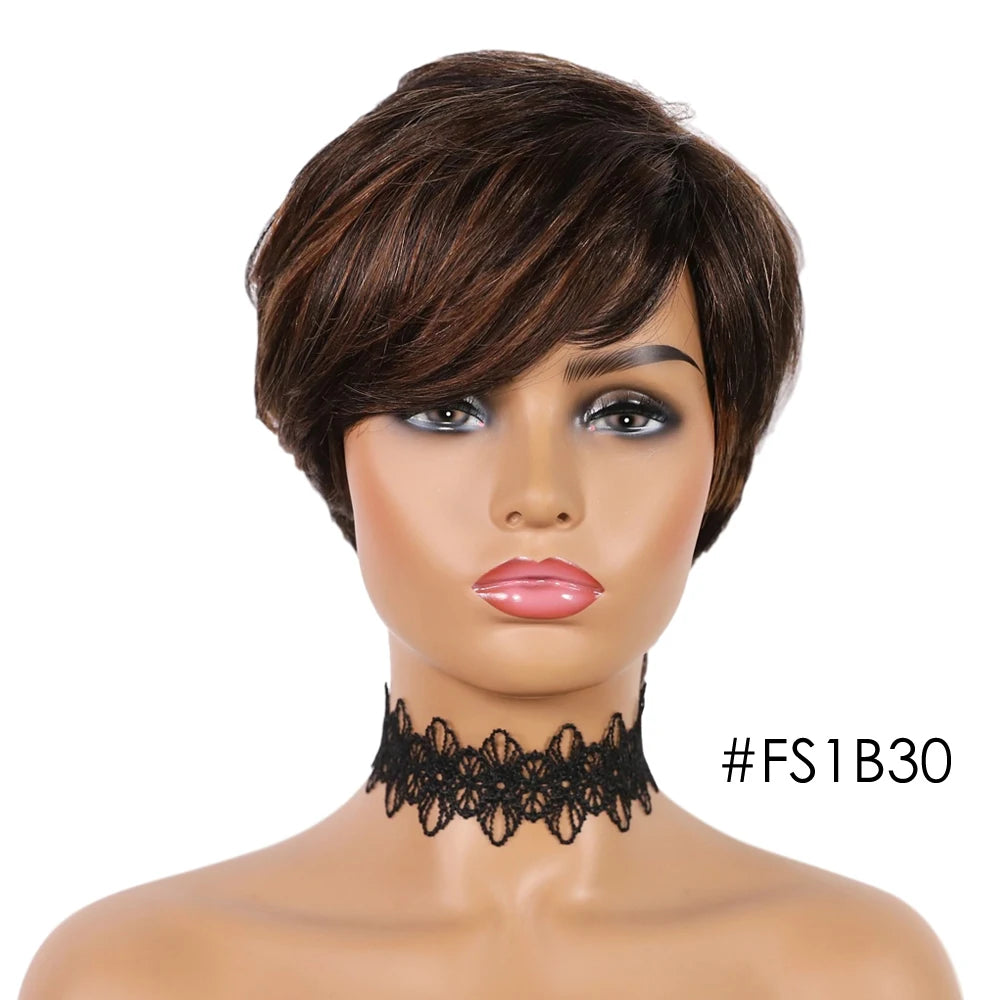 DQ Short Razor Cut Wavy Bob Pixie Wigs Non Lace Front Human Hair Wigs With Bangs For Women Full Machine Made Remy Brazilian