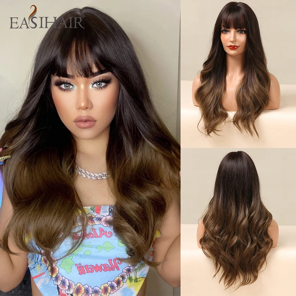 EASIHAIR Ash Blonde Wavy Cosplay Wigs with Bangs Natural Long Synthetic Hairs for Women Lolita Party Heat Resistant Fibers Wig