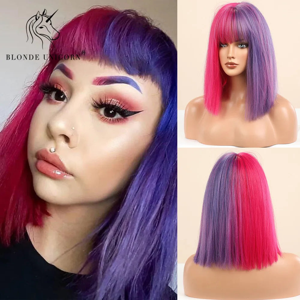 BLONDE UNICORN Synthetic Wig Natural Short Bob Wig Brown Blonde Straight Hair With Bangs Daily Use For Women Heat Resistant