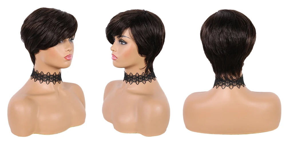DQ Short Razor Cut Wavy Bob Pixie Wigs Non Lace Front Human Hair Wigs With Bangs For Women Full Machine Made Remy Brazilian