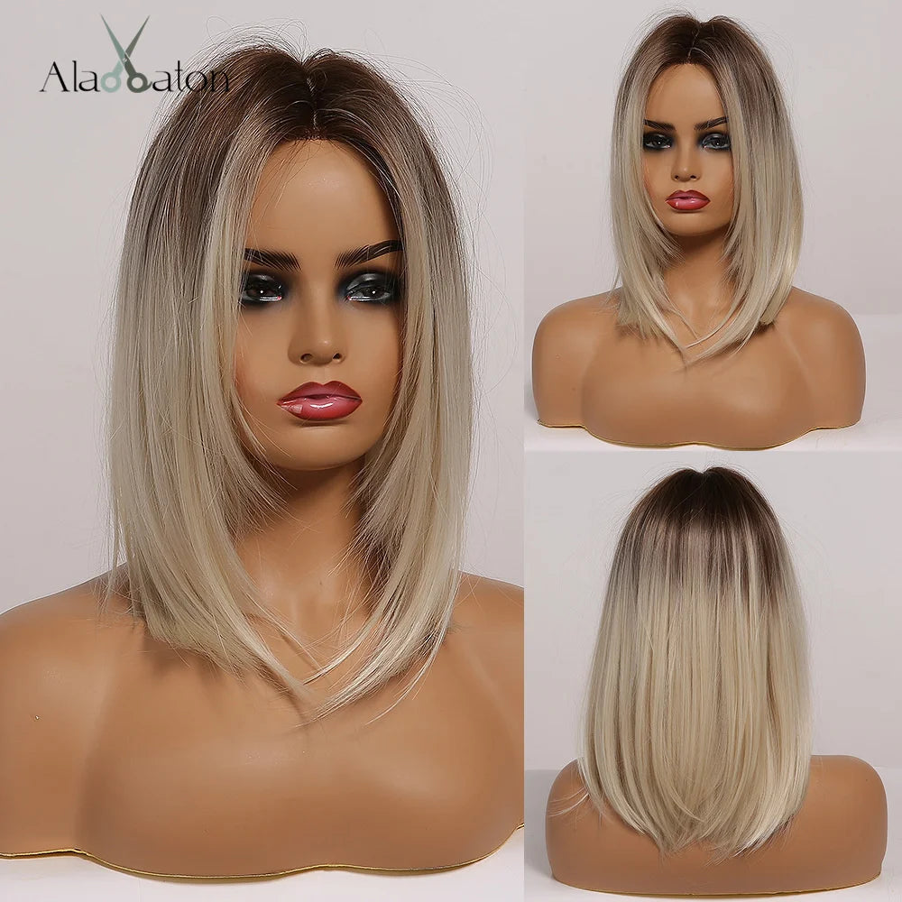 ALAN EATON Platinum Blonde Synthetic Wigs for Women Hihlight Short Straight Bob Wig with Bangs Daily/Party Hair Heat Resisitant