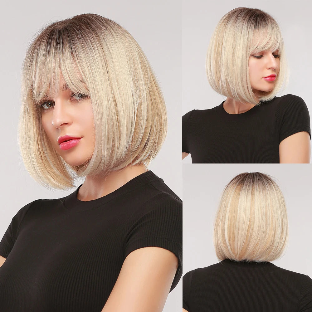 LOUIS FERRE Blonde Short Bob Wigs with Bangs Heat Resistant Synthetic Daily Cosplay Ombre Blonde Hair Wigs for White/Black Women