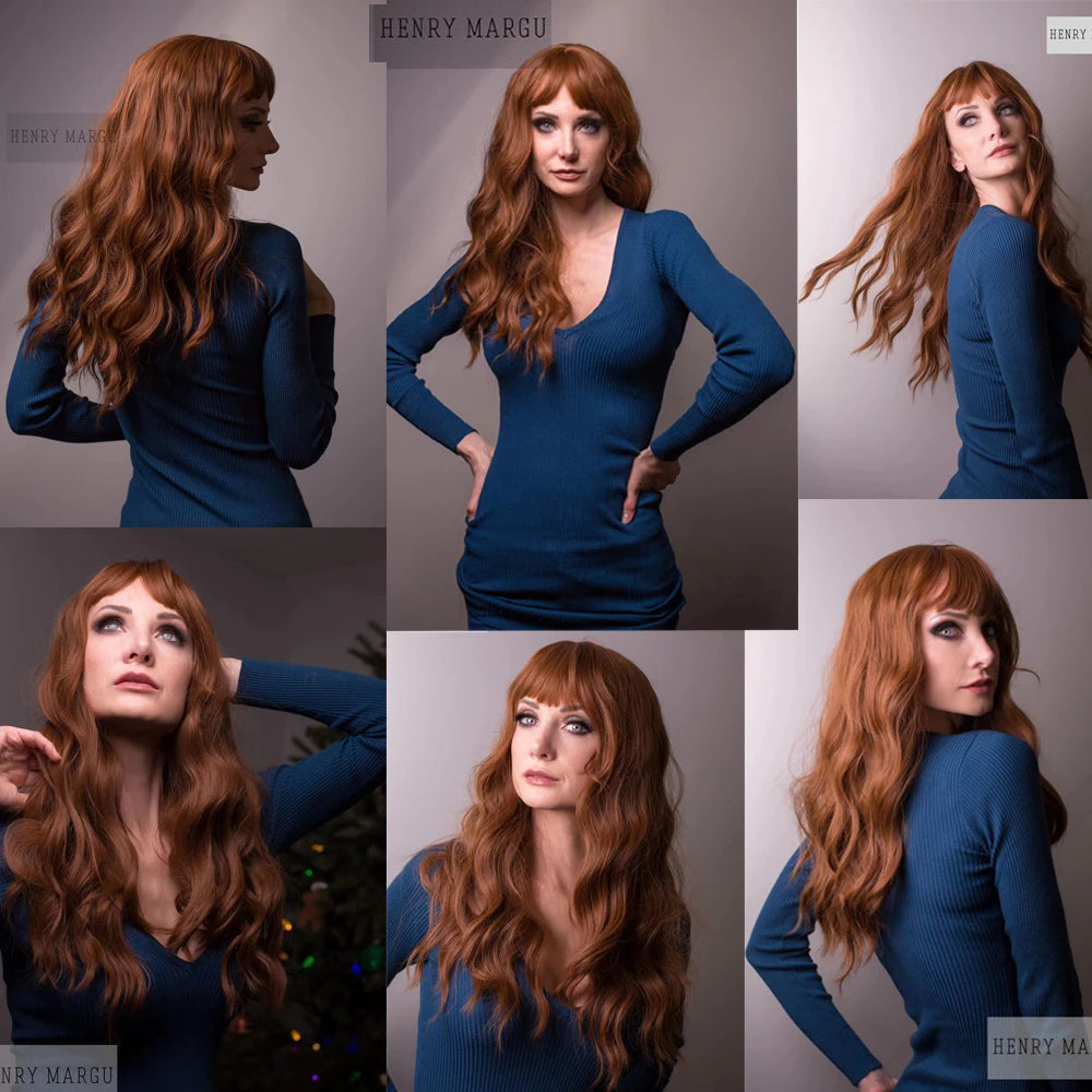 HENRY MARGU Long Wavy Brown Red Orange Wigs with Bangs Cosplay Party Heat Resistant Synthetic Hair Wigs for Black Women Afro