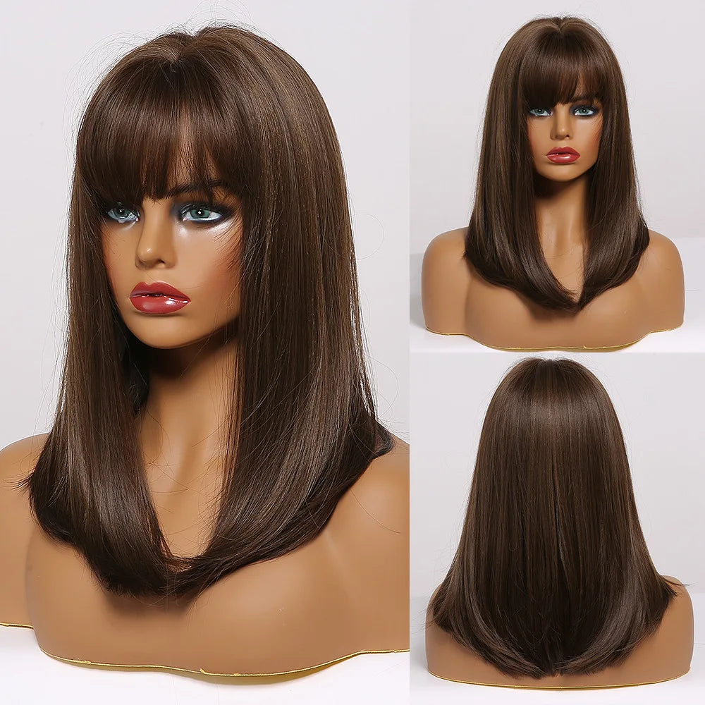 Medium Straight Black Bob Synthetic Wig with Bangs Short Honey Brown Wigs for Woman Auburn Natural Hair Daily Wig Heat Resistant