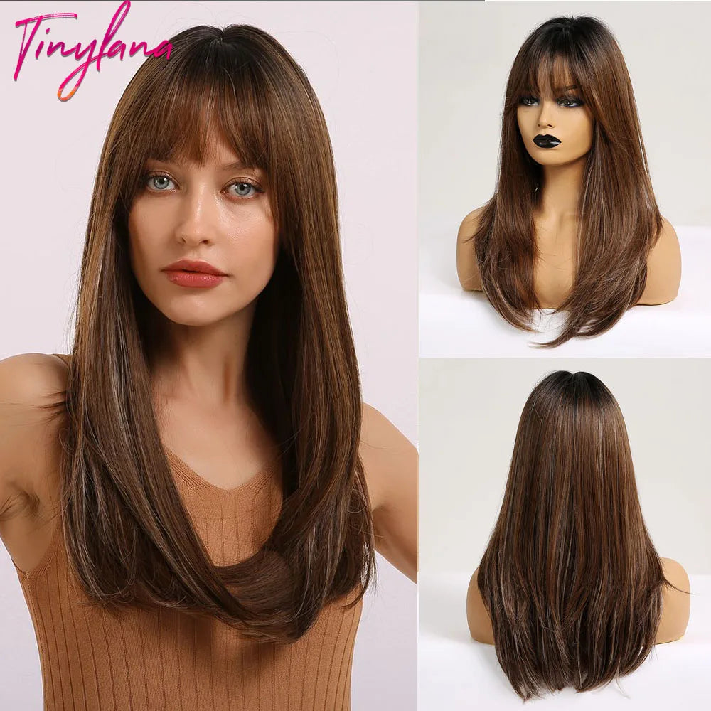 Medium Straight Black Bob Synthetic Wig with Bangs Short Honey Brown Wigs for Woman Auburn Natural Hair Daily Wig Heat Resistant